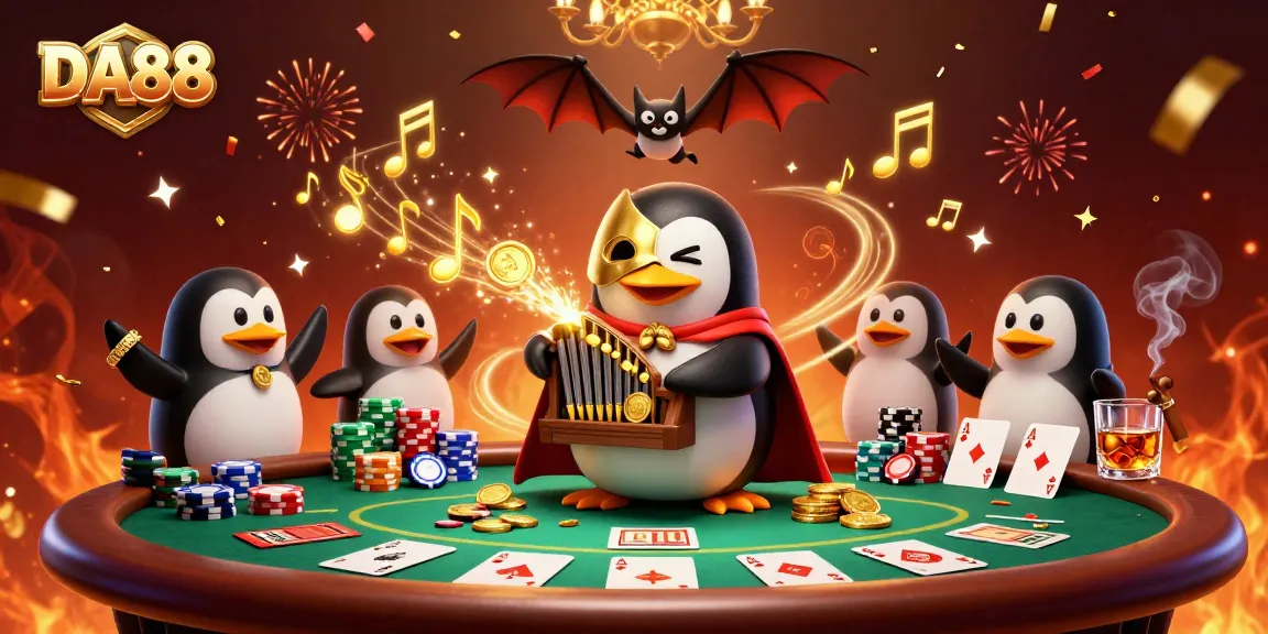 Experience thrilling action at DA88 with a magical casino scene featuring a charming penguin and vibrant poker elements.