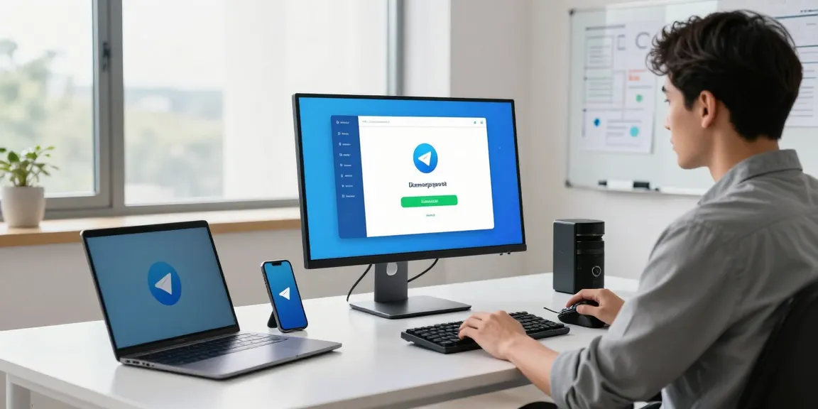 Download Telegram app in a modern workspace, showcasing installation process on high-resolution monitor with productivity gadgets.