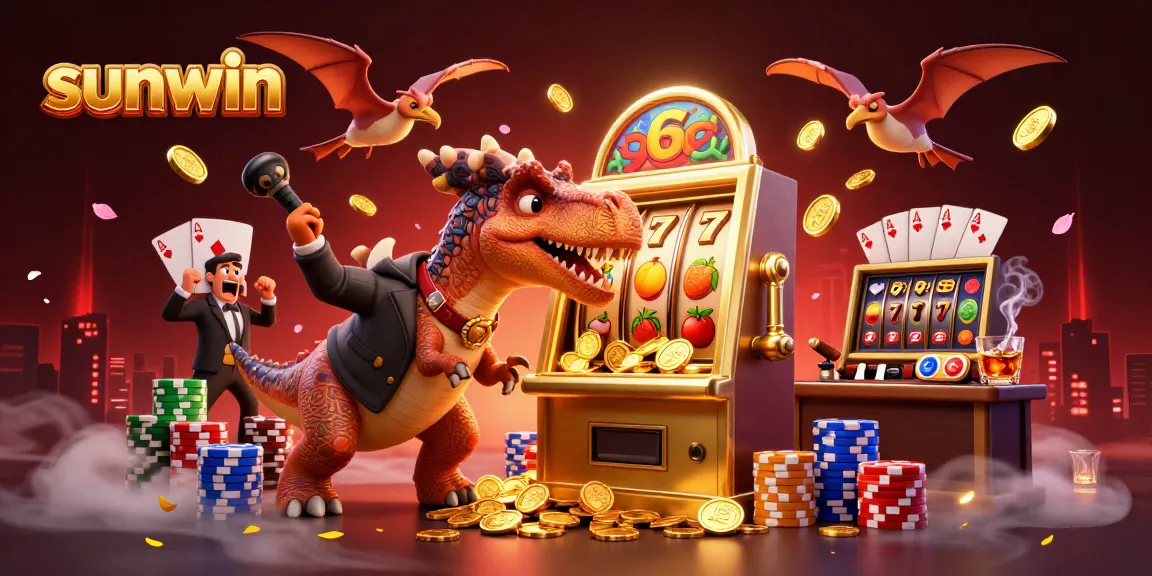 Sunwin-themed 3D illustration with a pachycephalosaurus winning at a slot machine amidst flying coins and vibrant casino elements.