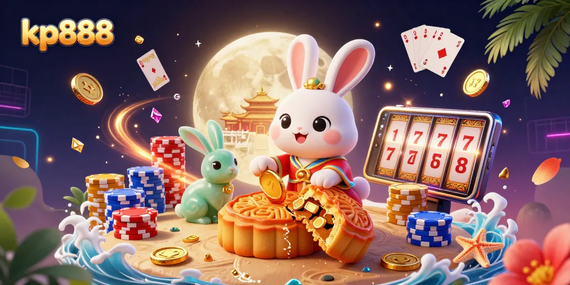 Experience the excitement of kp888 with a whimsical casino scene featuring a moon rabbit and vibrant gaming elements.
