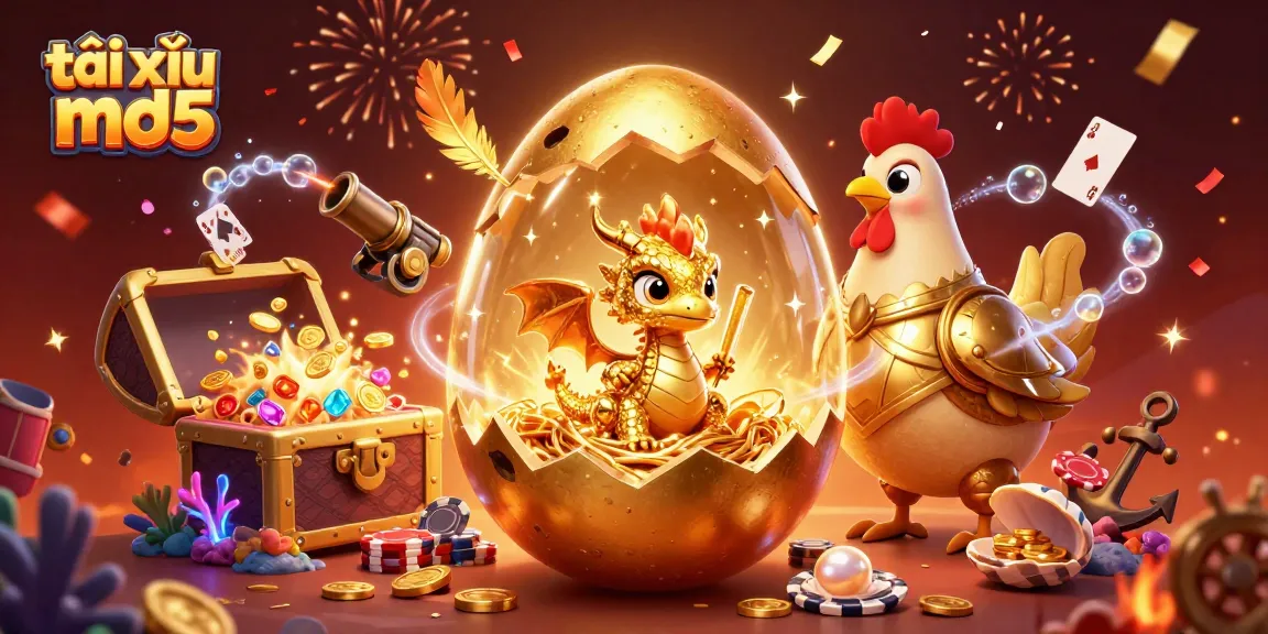 Experience the excitement of tài xỉu md5 with a vibrant 3D illustration featuring golden treasures and gaming elements.