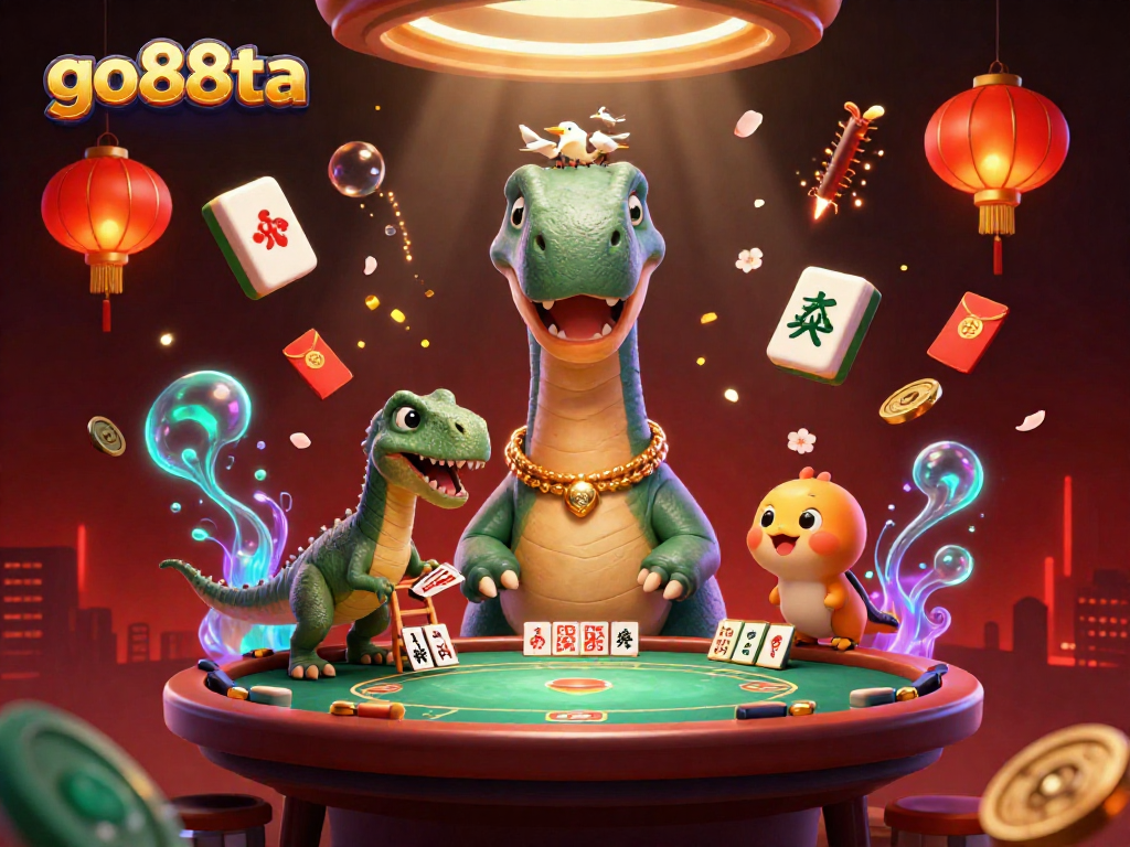Experience go88ta casino excitement with a towering brontosaurus and a clever raptor dealing cards.