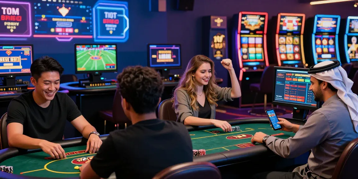 Engaging scene of diverse players at nhà cái bl555 online gaming platform, highlighting casino games and vibrant atmosphere.