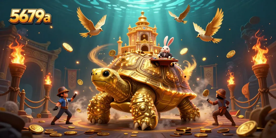 Experience the thrill of 5679a casino games with a vibrant 3D illustration featuring a golden tortoise and a rabbit dealer.