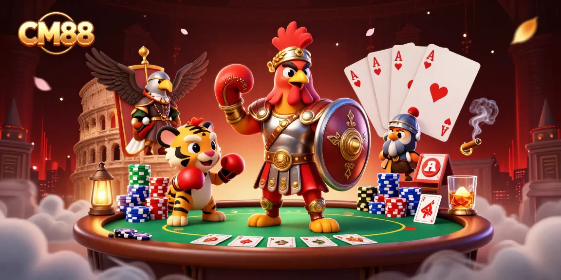 Engage in exhilarating poker games at CM88 with a dynamic scene showcasing playful characters and rich casino elements.
