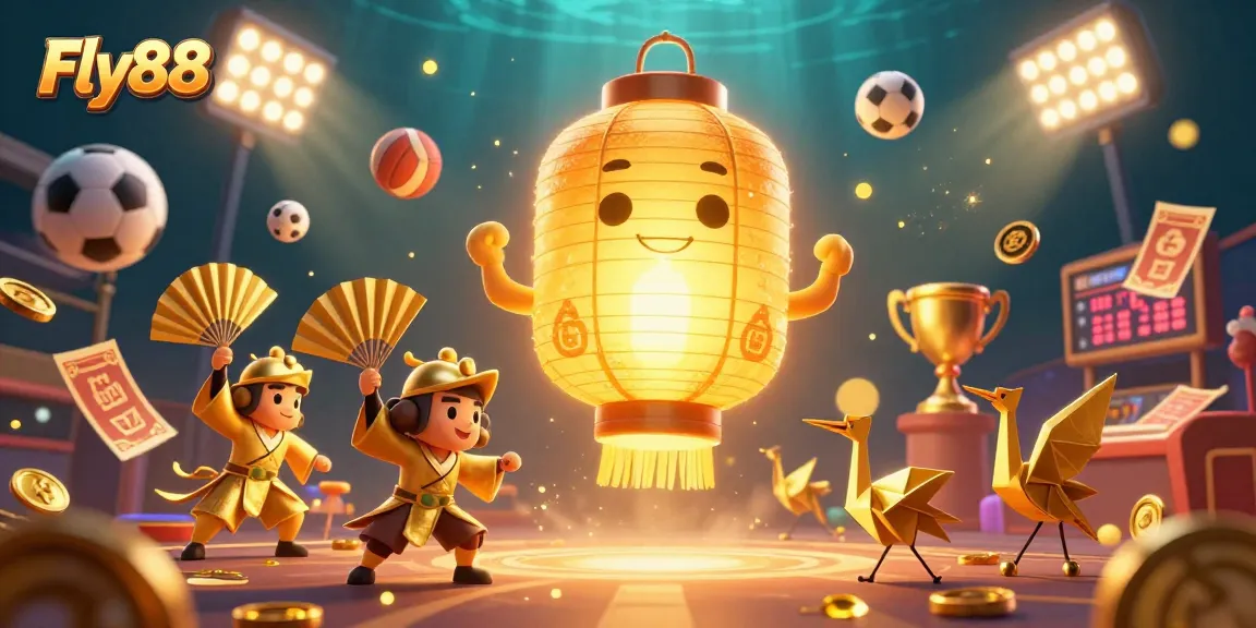 Experience Fly88's vibrant gaming atmosphere with a floating lantern spirit and dynamic sports elements.
