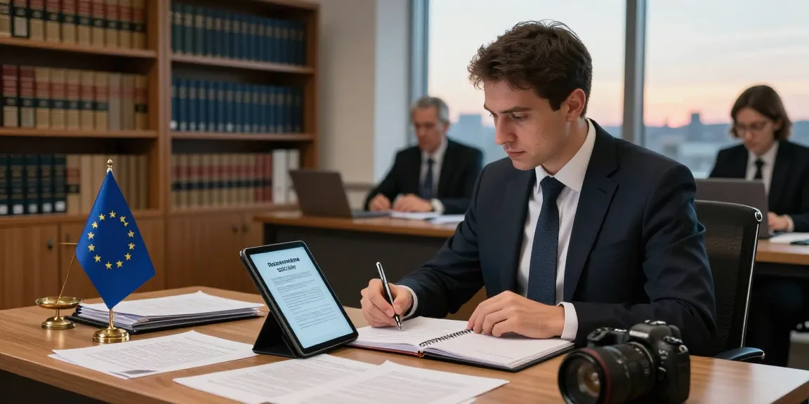 Una professionista studiando il Regolamento UE 1935/2004 in un ufficio legale moderno.