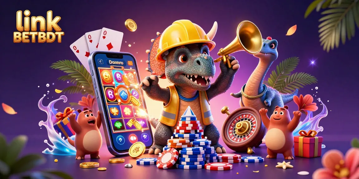 Bet and celebrate with the vibrant scene of link BETBDT where poker chips, smartphones, and colorful casino elements emerge in joyful gaming.