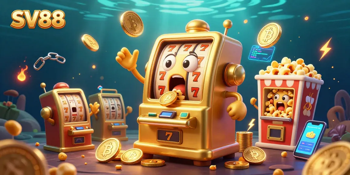 SV88 slot machine celebrates its jackpot as golden coins pour out, surrounded by cheering baby slot machines and crypto coins.