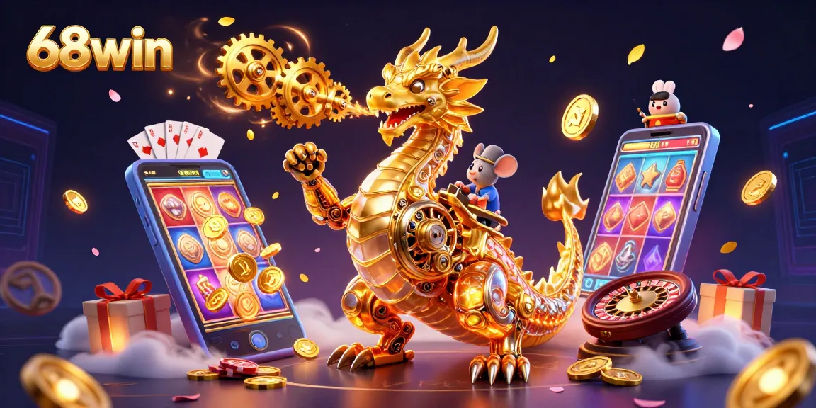 Engage with 68win's thrilling gaming experience featuring a dragon and dynamic casino elements.