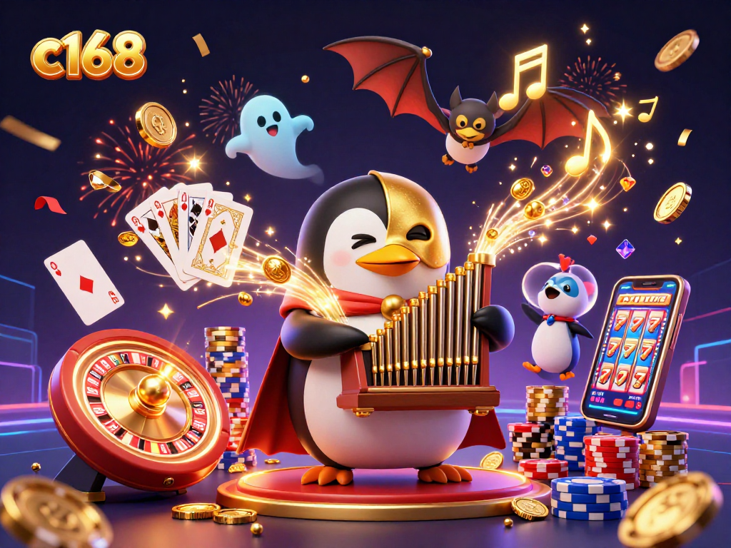 Experience thrilling wins at c168 casino with a 3D penguin organist, golden coins, and festive visuals.