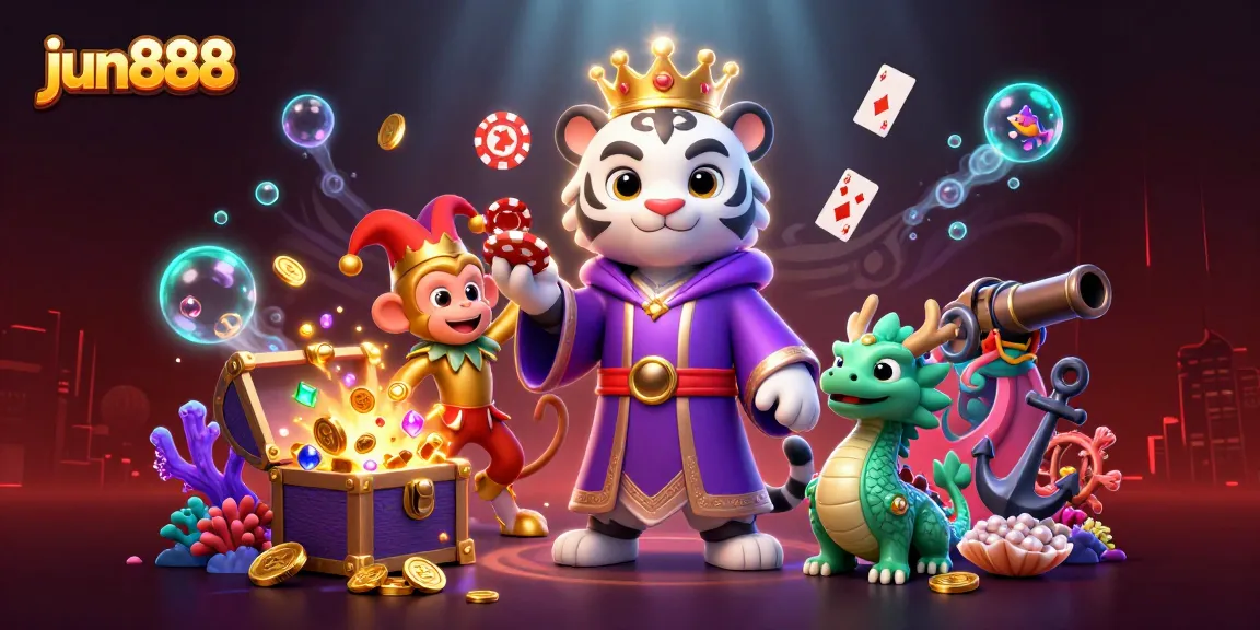 Experience the excitement of jun888 with playful characters and casino elements amid a vibrant underwater scene.