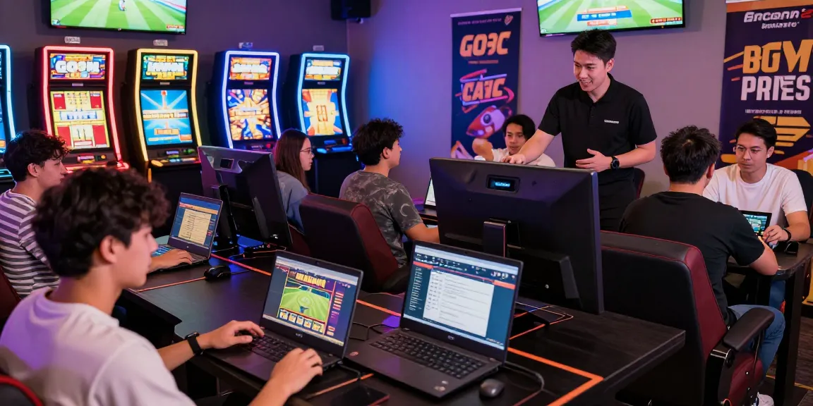 Exciting gaming lounge showcasing players engaged in online betting at https://go99vn.city/ with vibrant lighting and modern interface.