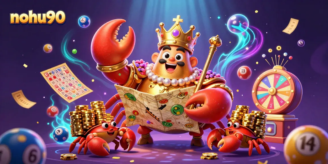 Nohu90 showcases an extravagant 3D illustration of a golden crab emperor in a vibrant casino environment filled with colorful lottery games.