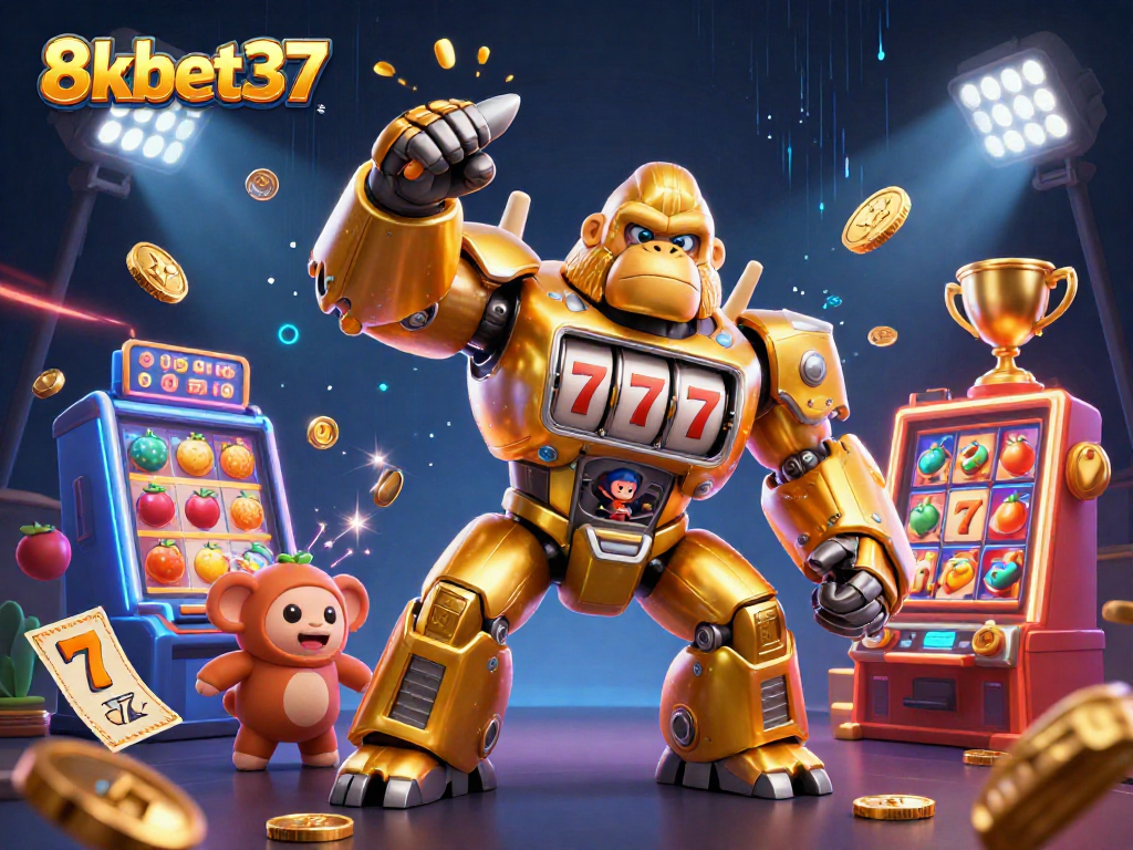 Experience the excitement of 8kbet37 with a golden gorilla mech and slot machine elements in action.