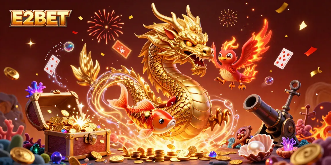 E2BET invites players to enjoy thrilling wins with a fierce dragon and lucky koi fish in an exciting gaming scene.