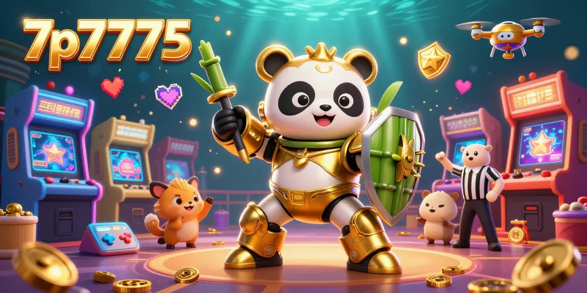 Experience the excitement of 7p7775 with a golden panda robot piloting a fighting machine in a lively casino arena.