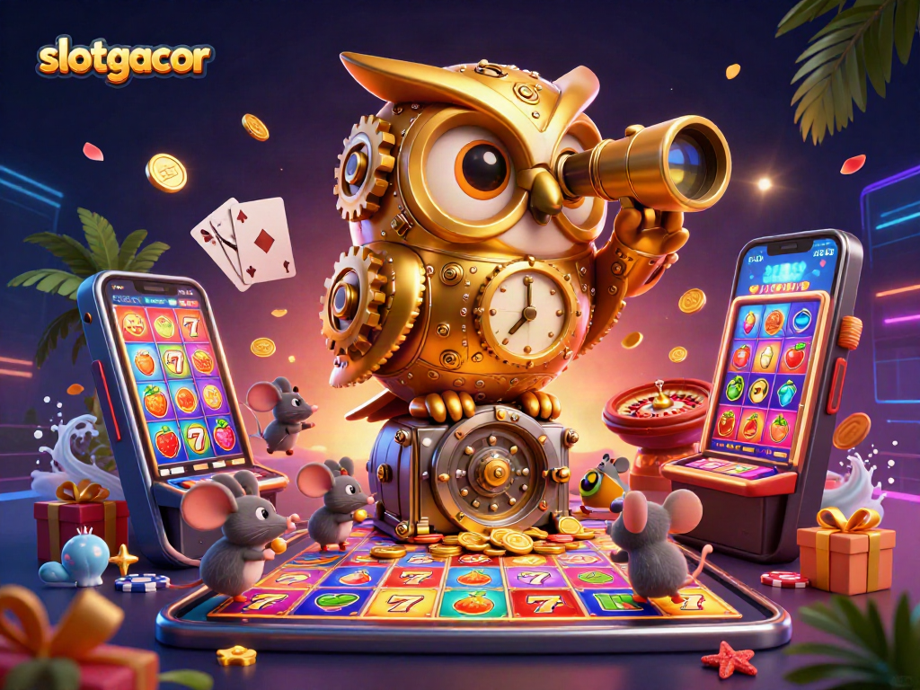 Engage with slotgacor through an enchanting 3D scene showcasing a golden owl and charming casino elements.