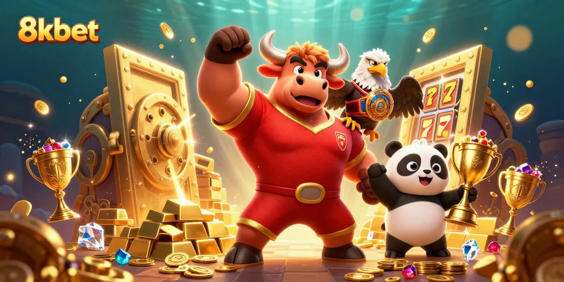 Experience thrilling wins at 8kbet with a vibrant 3D casino scene filled with slot games.