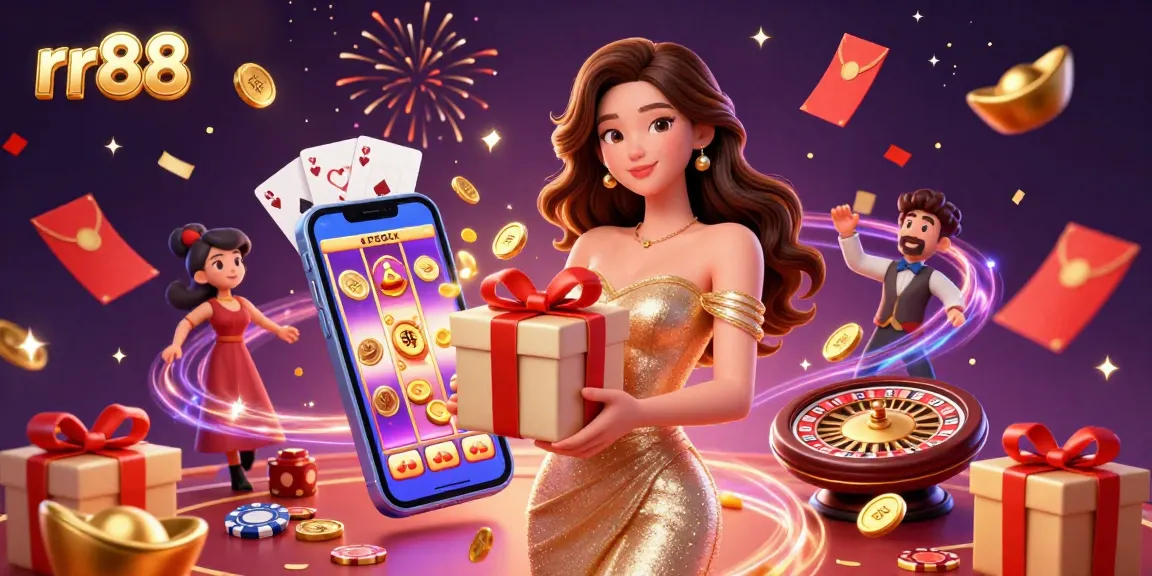 Experience the thrill with rr88 as golden coins spill from a gift box in a vibrant casino scene.