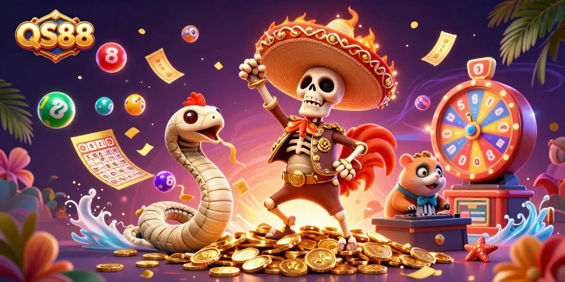 QS88 features a victory dancing mariachi rooster on golden coins amidst the excitement of lottery games.