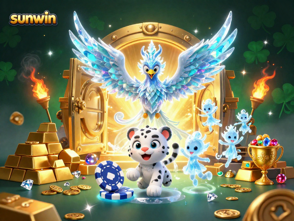 Play and win with Sunwin: A dynamic 3D scene featuring an ice phoenix and poker action.