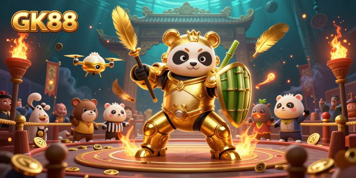 Engage with the GK88 gaming experience featuring a mech-suit panda in a vibrant gambling arena.
