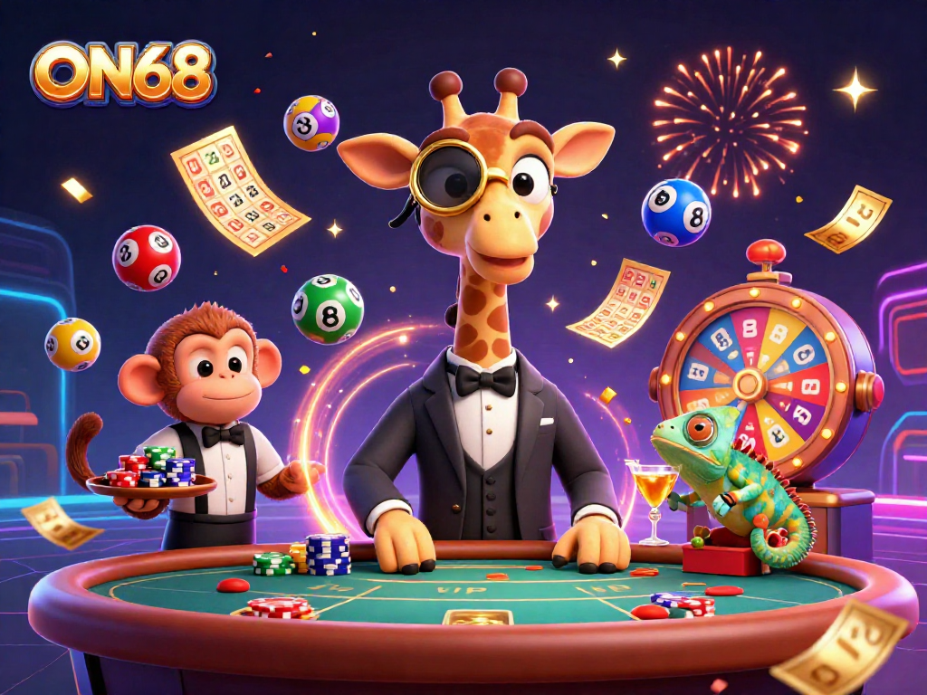 Join the thrilling ON68 experience with a high-roller giraffe, monkey valet, and chameleon bartender amidst vibrant game symbols.