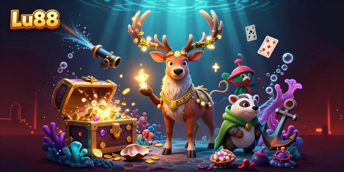 Play exciting games at Lu88, featuring a stunning illustration of casino elements amidst an enchanted underwater scene.