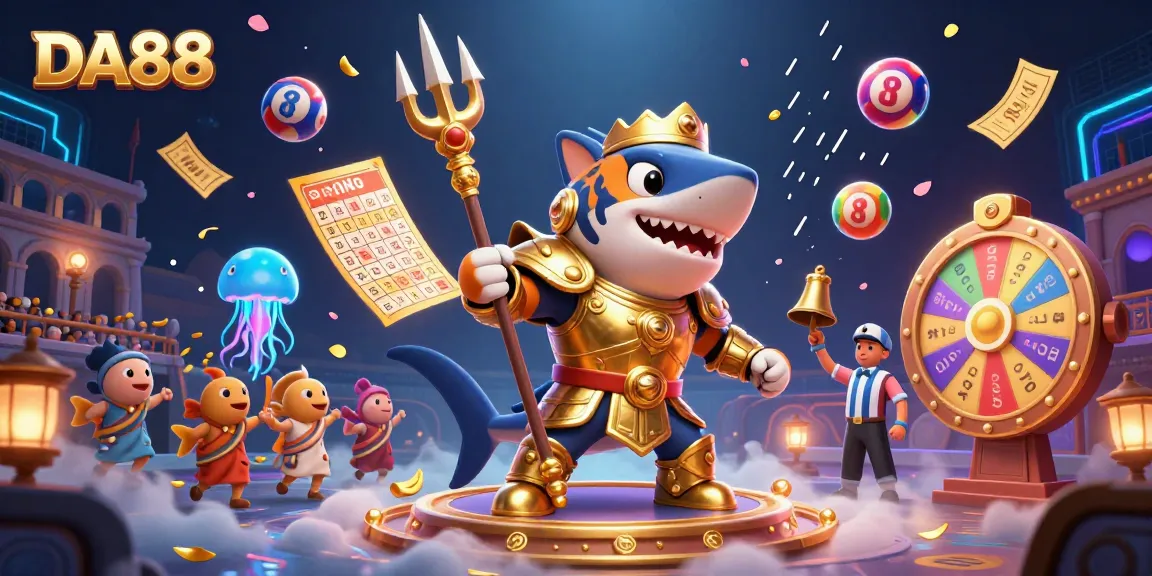DA88 gambling theme illustrated with a tiger shark in armor, lottery elements, and vibrant colors.