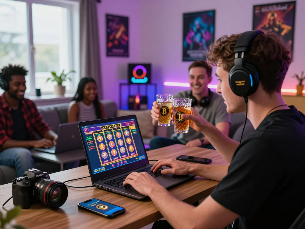 Engaging scene of players enjoying a crypto casino game at home, showcasing vibrant gaming atmosphere and camaraderie.