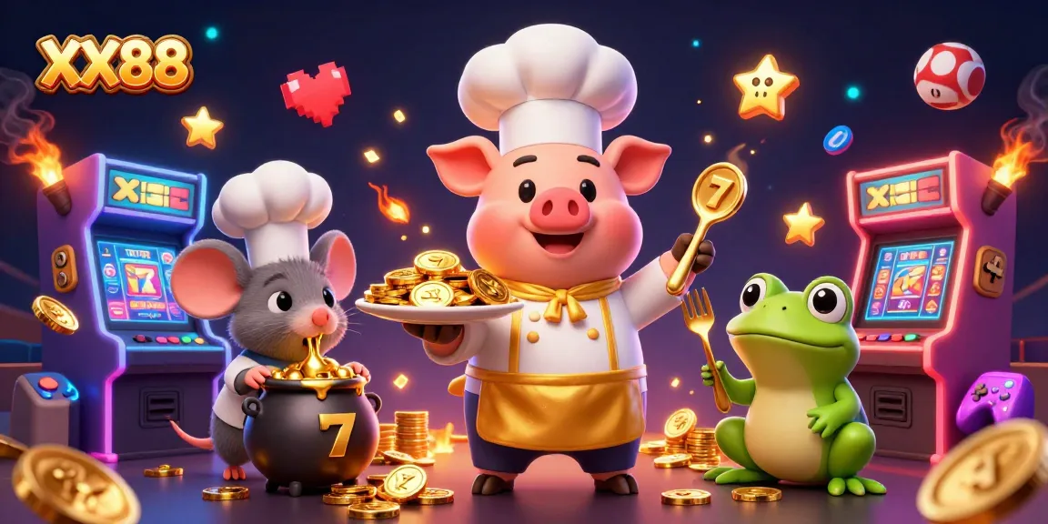 Experience the thrilling world of XX88 with a vibrant scene of a chef and gaming elements surrounded by gold coins.