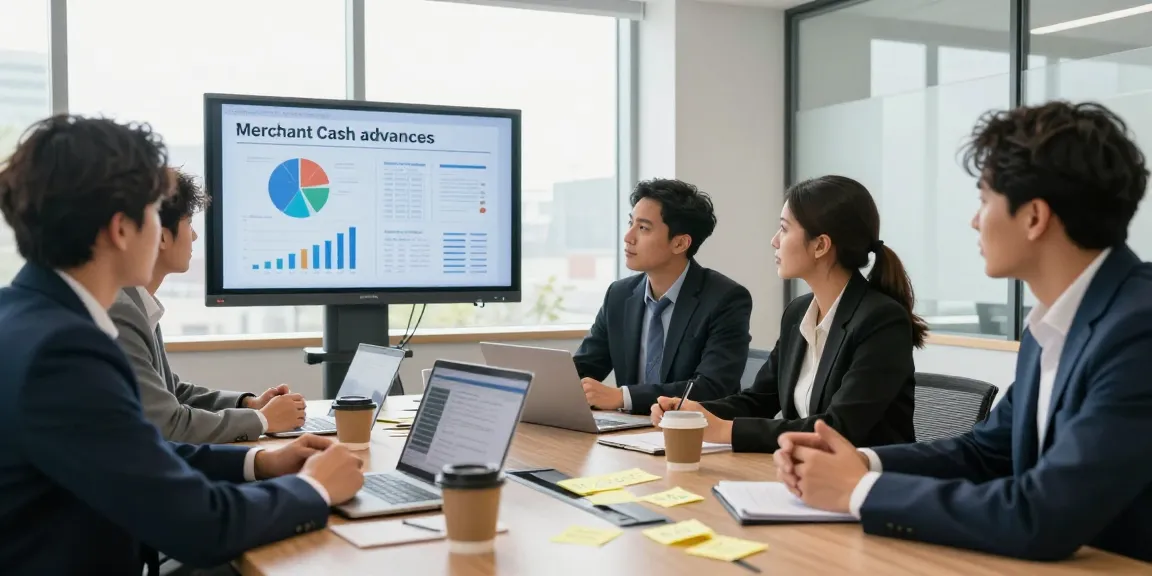 Team discussing best merchant cash advance options in modern office.