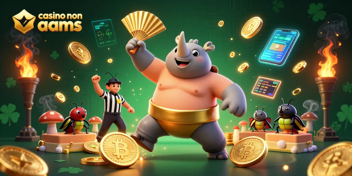 Dynamic scene depicting casino non AAMS with a sumo beetle champion, flying coins, and cryptocurrency elements.