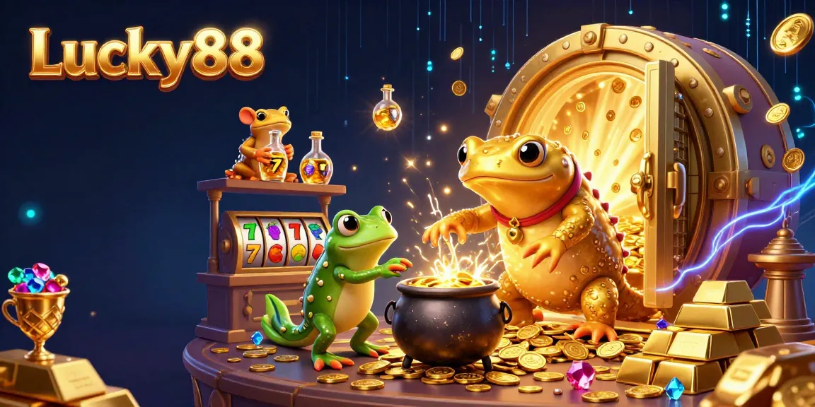 Experience the excitement of Lucky88 with a golden salamander alchemist and vibrant slot symbols in an enchanting scene.
