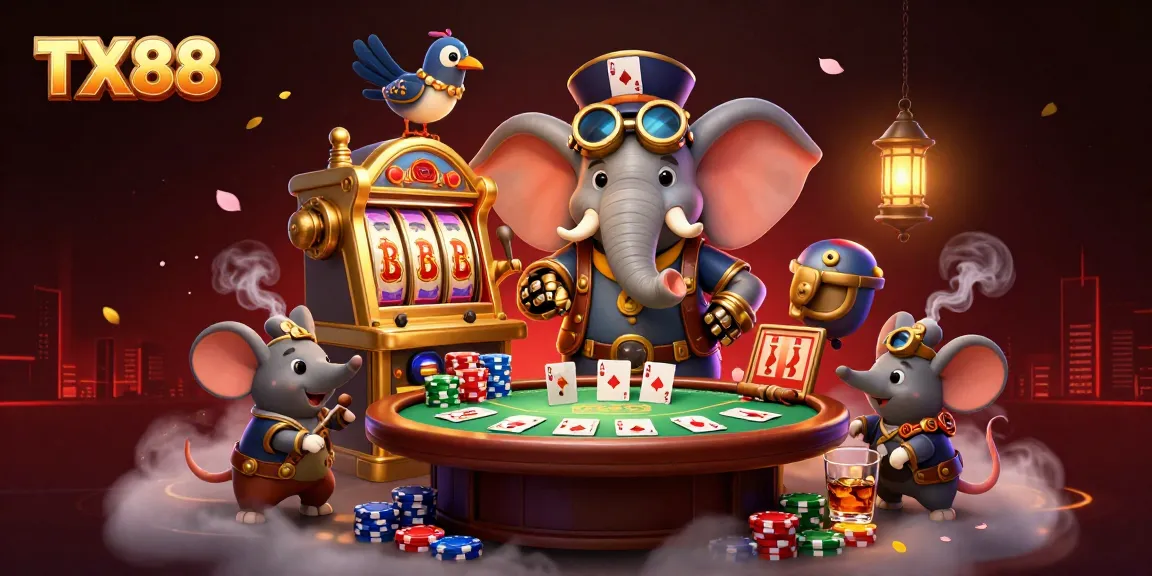 Experience thrilling gaming at TX88 with a steampunk elephant operating a golden slot machine amid vibrant casino elements.