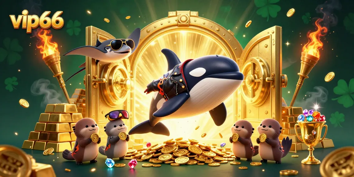 Experience thrilling wins at vip66 with cartoon characters celebrating surrounded by treasure and gaming excitement.