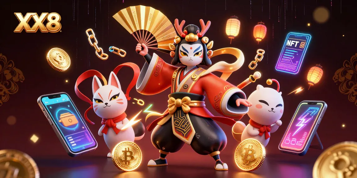 Engage with XX8 casino themes in a vibrant 3D illustration showcasing kabuki warriors and crypto elements.