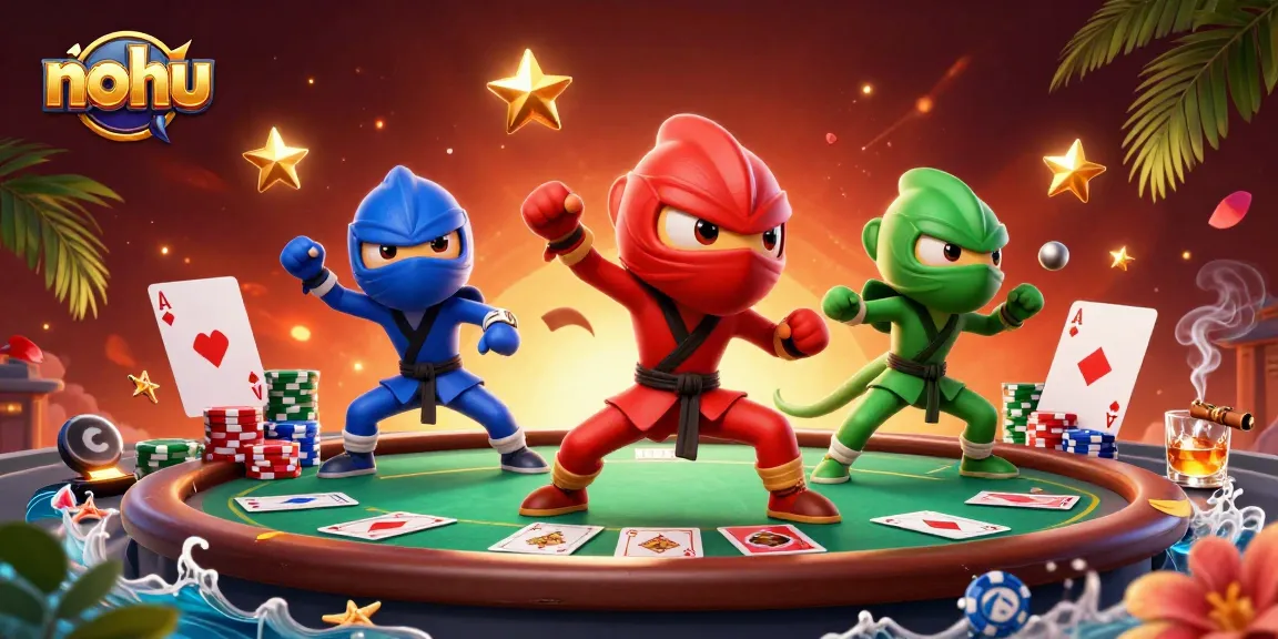 Nohu showcases a vibrant casino rooftop scene with gaming champions, poker cards, and dynamic chameleons!