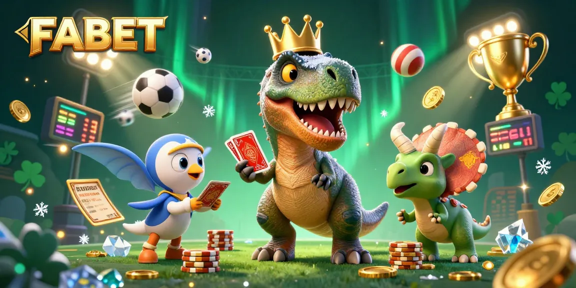 FABET offers engaging sports betting experiences with animated dinosaurs and vibrant casino elements.