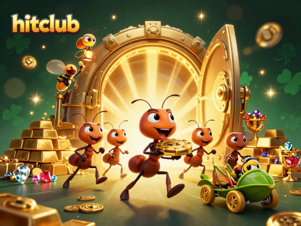 Engage with hitclub while cartoon ants steal a giant poker chip amidst sparkling treasures.