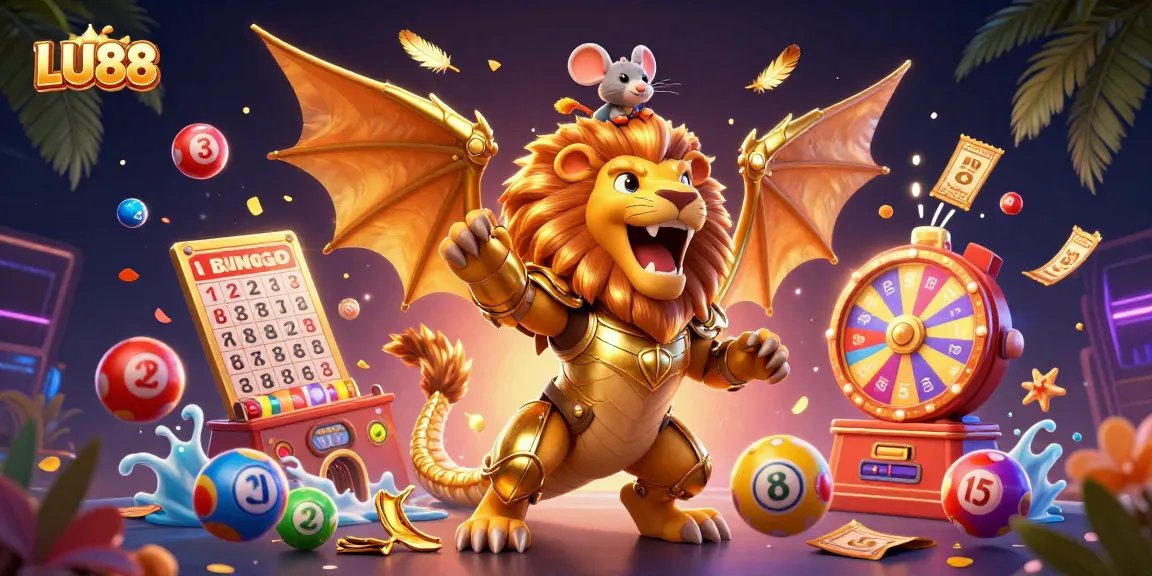 LU88 offers a vibrant gaming experience with a dynamic lottery scene illustrated in stunning detail.