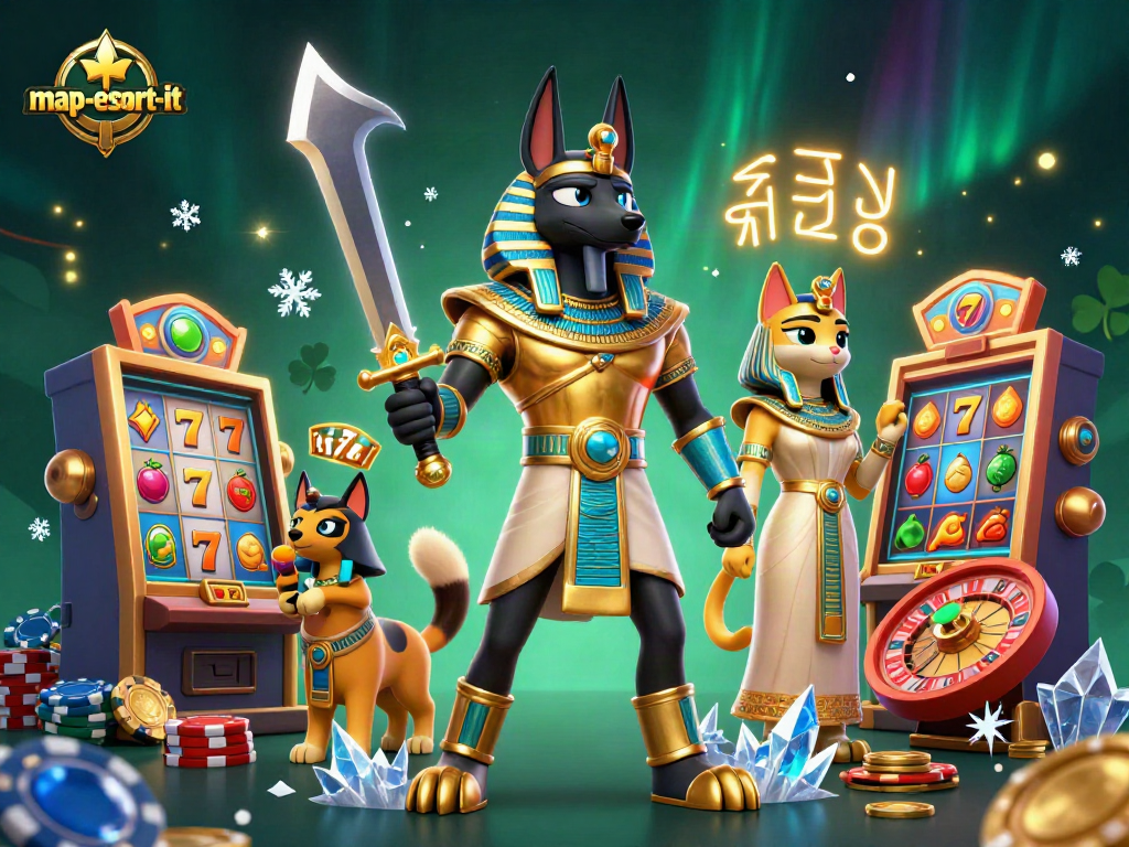 Experience a dynamic scene featuring map-escort-it with Anubis and Bastet in a casino setting.