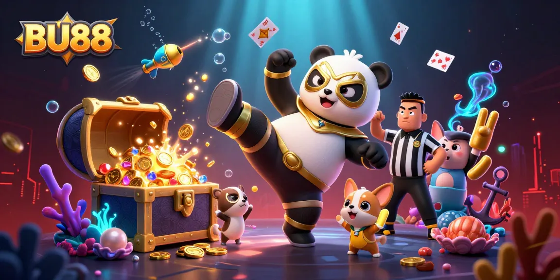 BU88 displays exciting gameplay with a wrestler panda, referee chihuahua, and wild spectators.