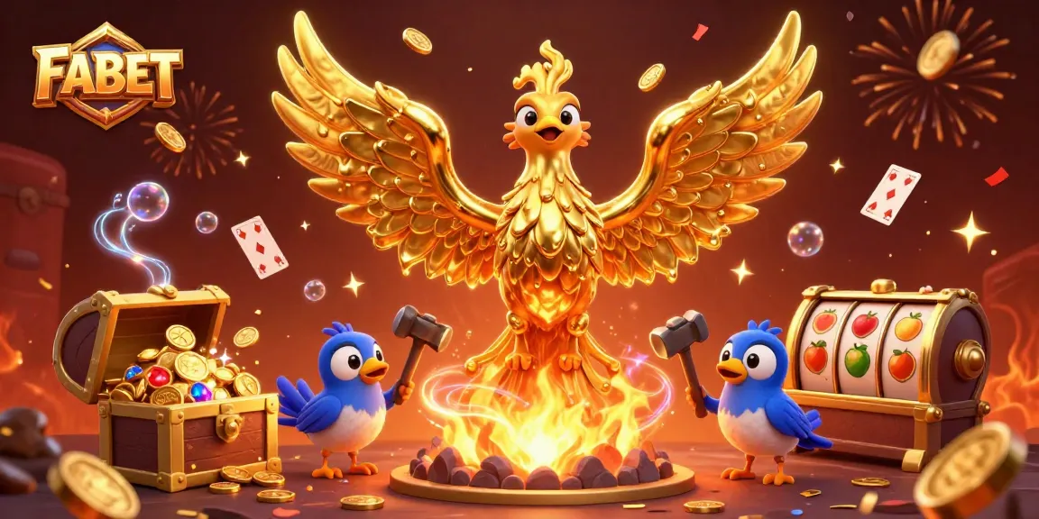 FABET showcases a vibrant 3D casino scene with a golden phoenix and slot reels bursting with coins.