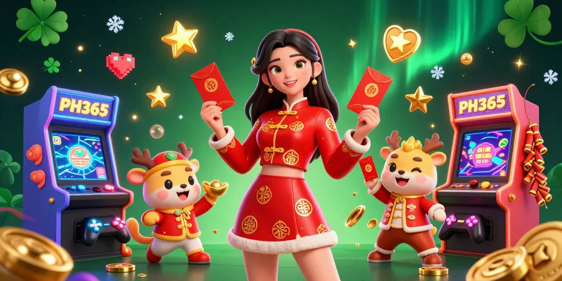 Experience exciting gaming at PH365 with a festive themed casino illustration showcasing vibrant elements and characters.