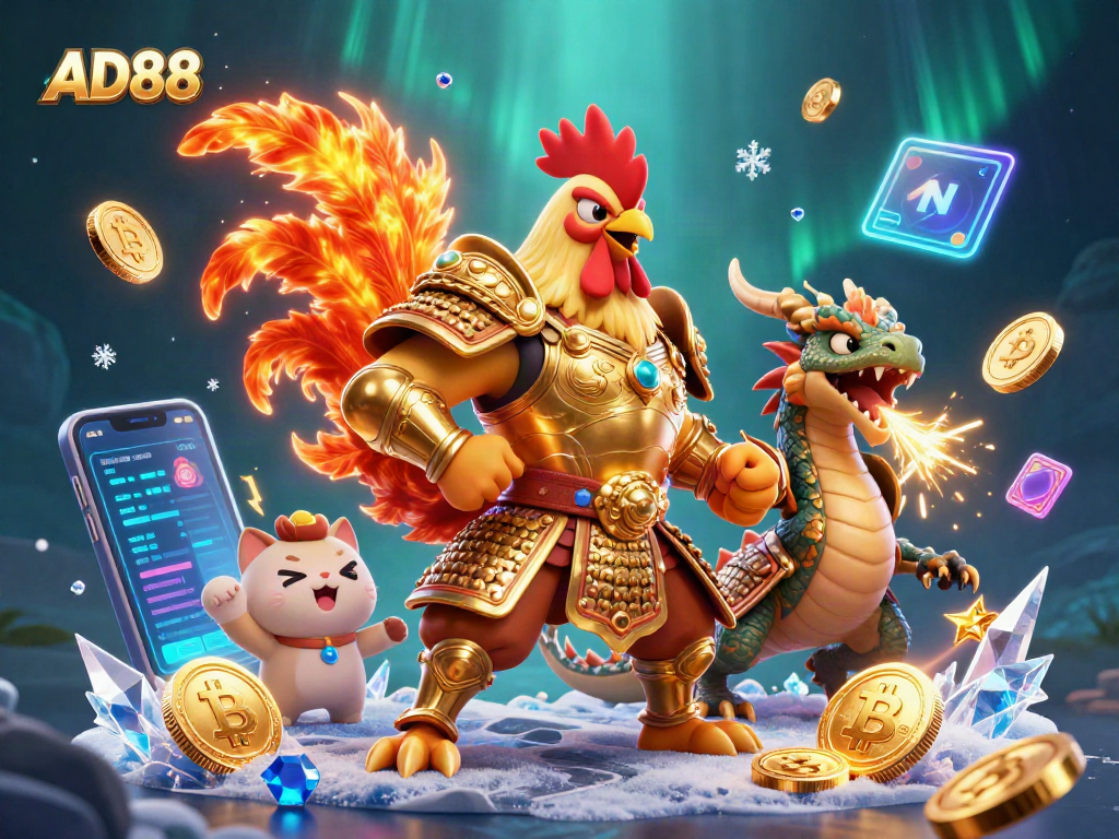 AD88 awakens with a powerful rooster warrior and a dragon hatchling in a vibrant casino scene.