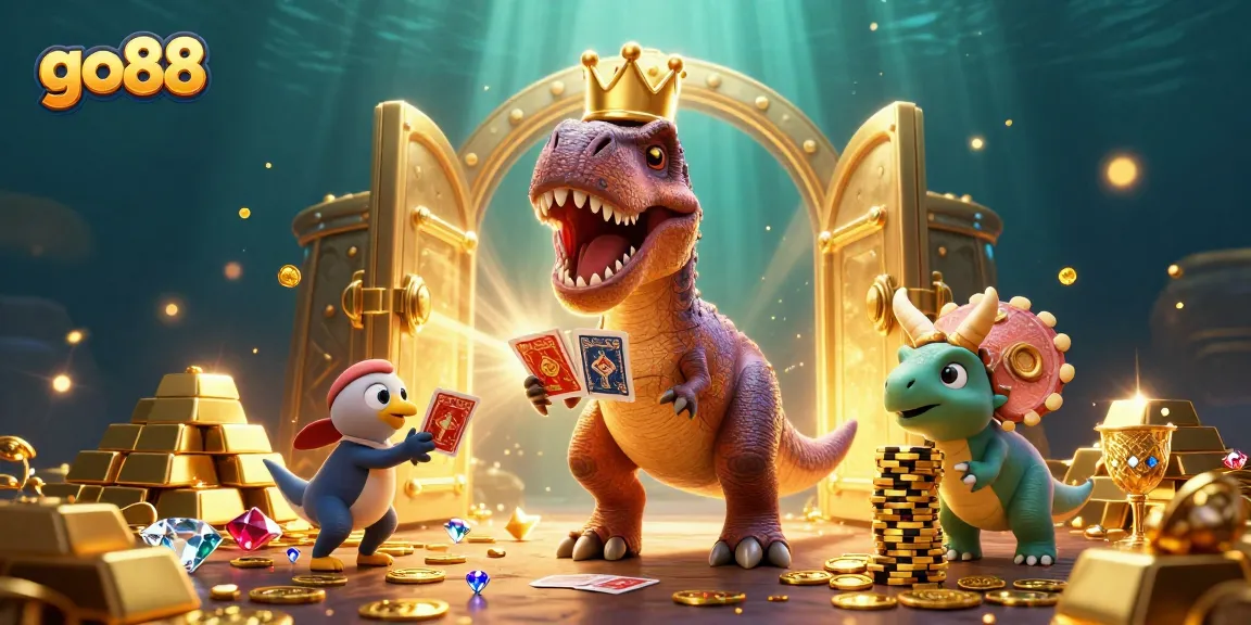 Engage with go88's exciting gameplay featuring colorful gems, gold treasures, and a playful T-Rex card game.