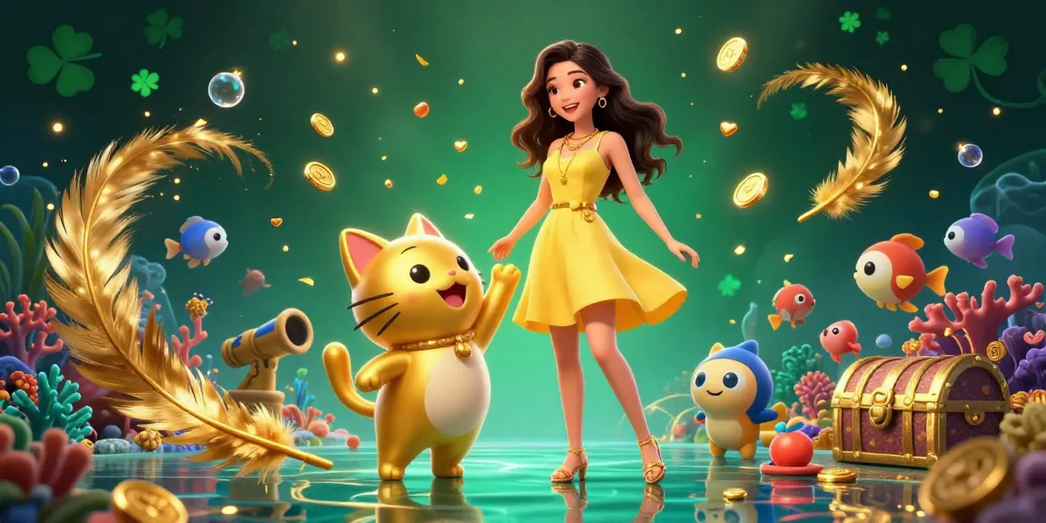 Bắn cá đổi thưởng scenario with an Asian woman and a golden lucky cat celebrating amidst aquatic treasures.