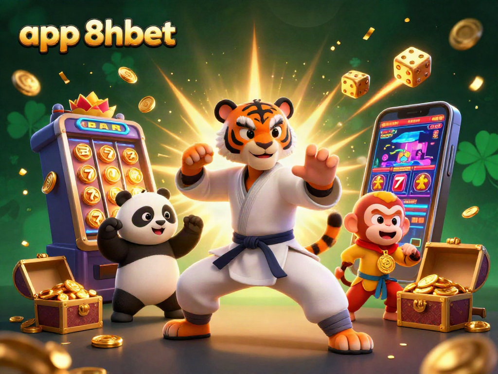 Engage with the app 8xbet as the kung fu tiger master performs in a vibrant casino-themed scene.